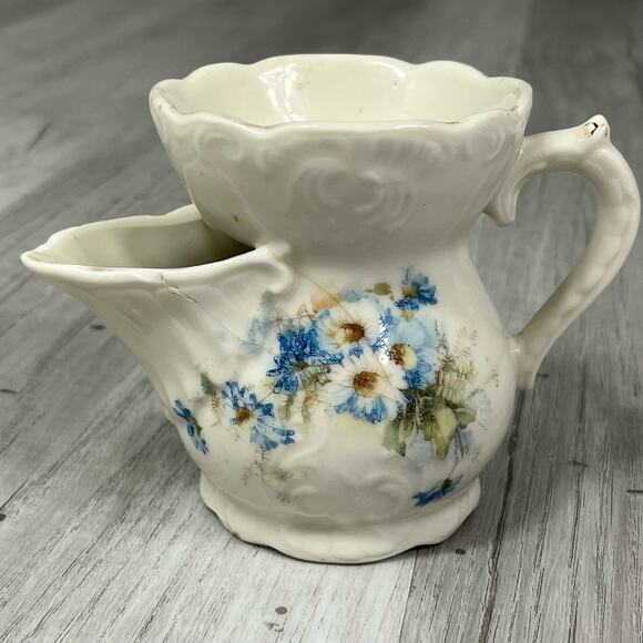 Antique Shaving Scuttle Mug Pitcher Blue Flower Motif - Picture 1 of 8